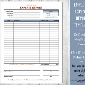 Modelo de relatório de despesas de funcionários | Acompanhamento de despesas | Formulário de Reembolso | Word e Excel editáveis | Carta 8,5x11 | Formulários Empresariais | RH