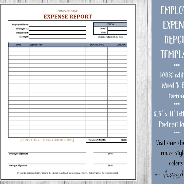 Employee Expense Reporting Template | Expense Tracking | Reimbursement Form | Editable Word and Excel | 8.5x11 Letter | Business Forms | HR