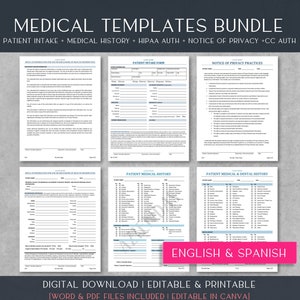 Medical Intake & Patient Information Template Bundle | English | Spanish | Healthcare Templates | Medical History | Privacy | HIPAA| 8.5x11