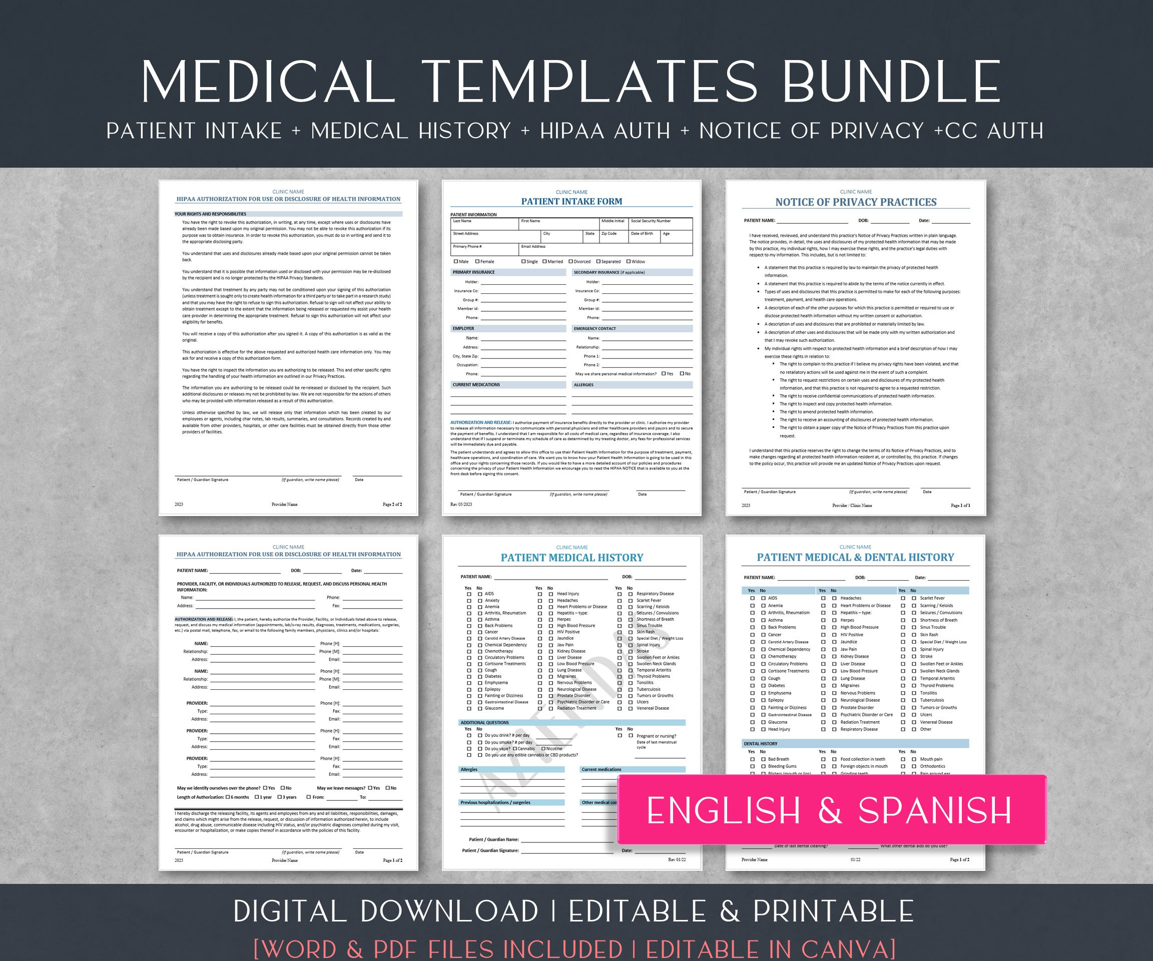 Vorlagenpaket für medizinische Aufnahme und Patienteninformationen | Englisch | Spanisch | Gesundheits-Vorlagen | Anamnese | Datenschutz | HIPAA| 8,5x11