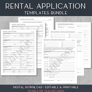 Puede incluir: Un conjunto de plantillas de solicitud de alquiler imprimibles. Las plantillas incluyen una solicitud de alquiler, una lista de verificación de revisión de la solicitud, una solicitud de verificación de empleo y una solicitud de verificación de residencia. Las plantillas están disponibles para descarga digital en formatos Word y PDF.