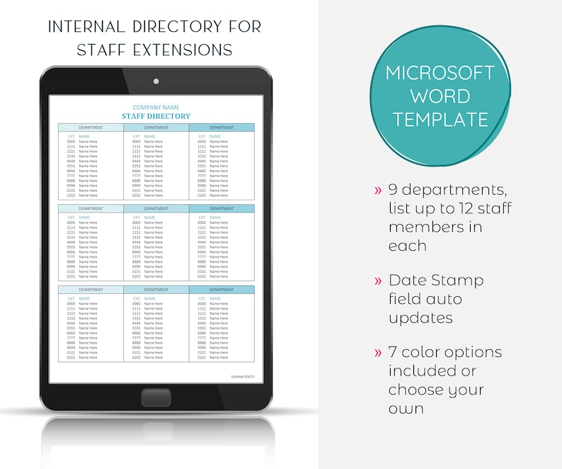 Tablet Directory Employee Directory Template: Staff Contact List (microsoft Word .dotx ...