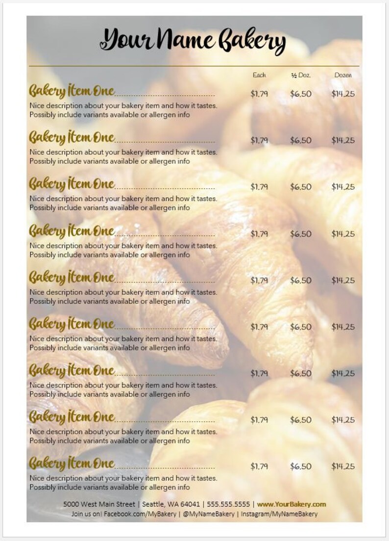 Bakery Price List Template Cafe Price List Template Pastry Etsy