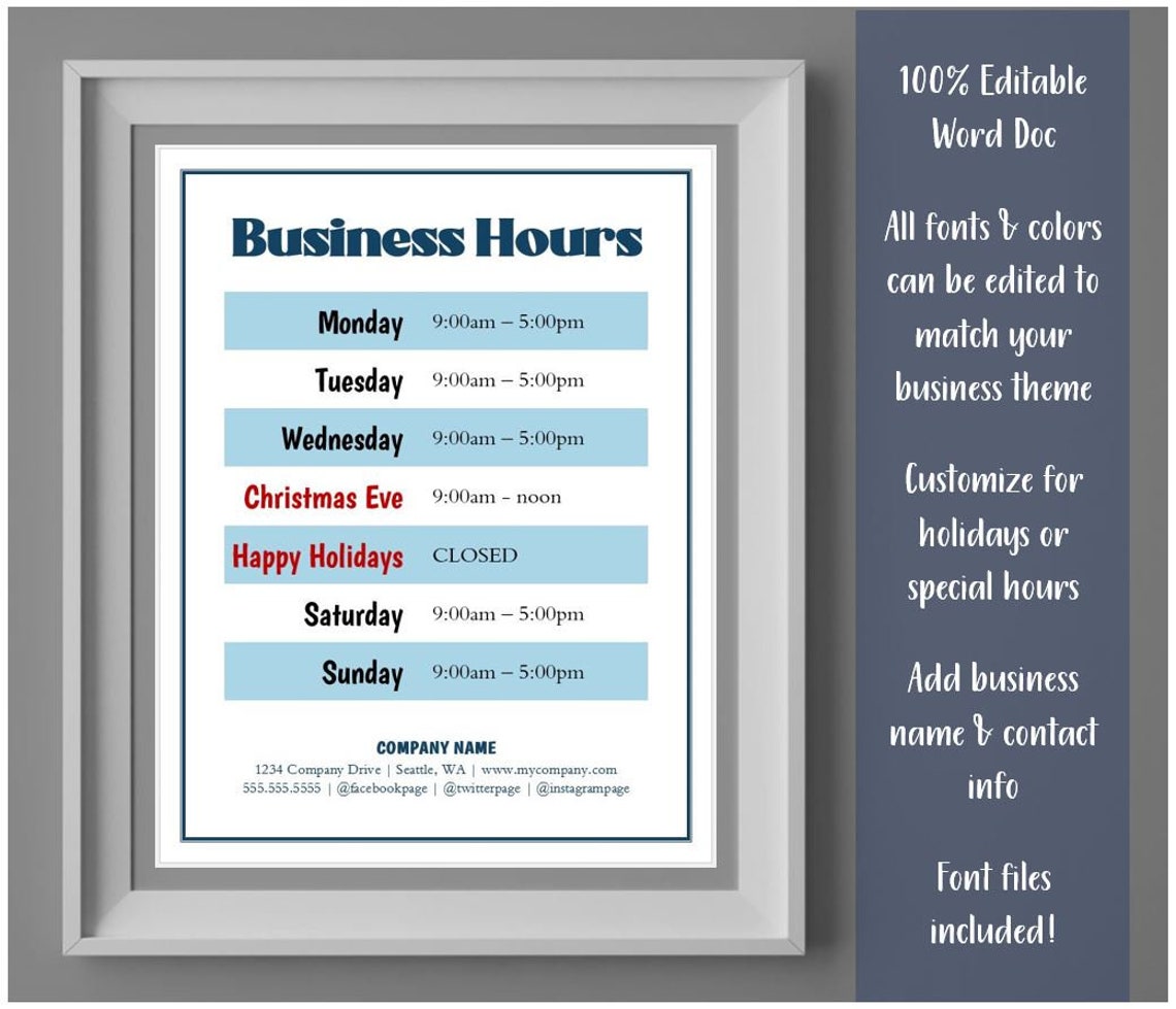 Business Hours Sign Printable Template Hours of Operation