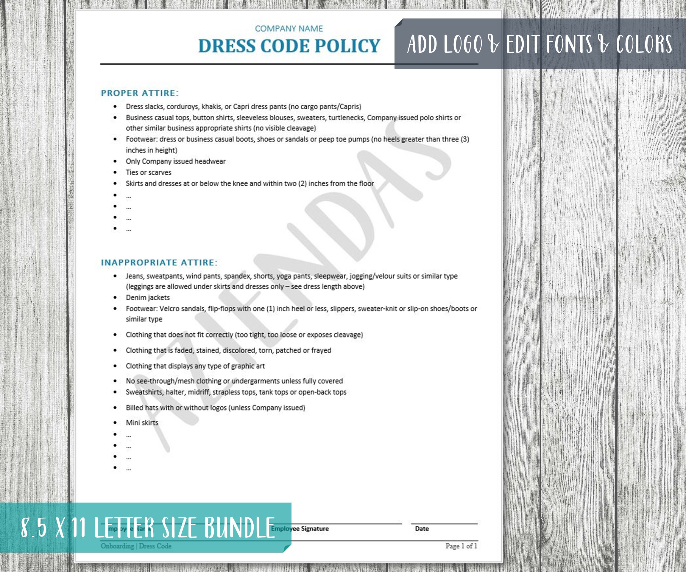 Employee Dress Code Policy Template: Editable HR Form (8.5x11 Letter)