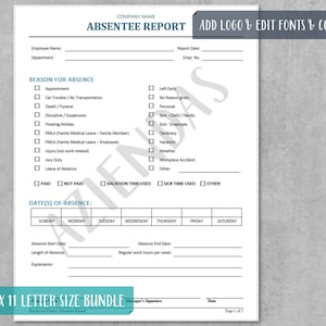 Mitarbeiter Absenzen Tracking Vorlage | HR Einstellungsvorlagen | Digitaler Download | Bearbeitbare Word HR Business Form Vorlage | 8,5x11 Letter