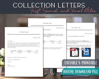 May include: Collection letters for first, second, and final notice.  Editable and printable digital download file.  The letters are formatted as a table with invoice number, service date, amount due, and total.  The letters are in a white font on a white background.