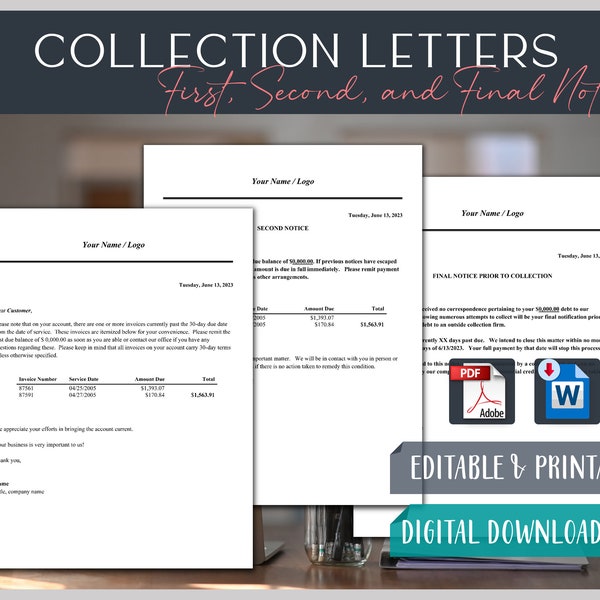 Collection Letter Templates | Notice of Past Due Account | Final Notice to Customer | Balance Due | Payment | Editable Word Form | 8.5 x 11