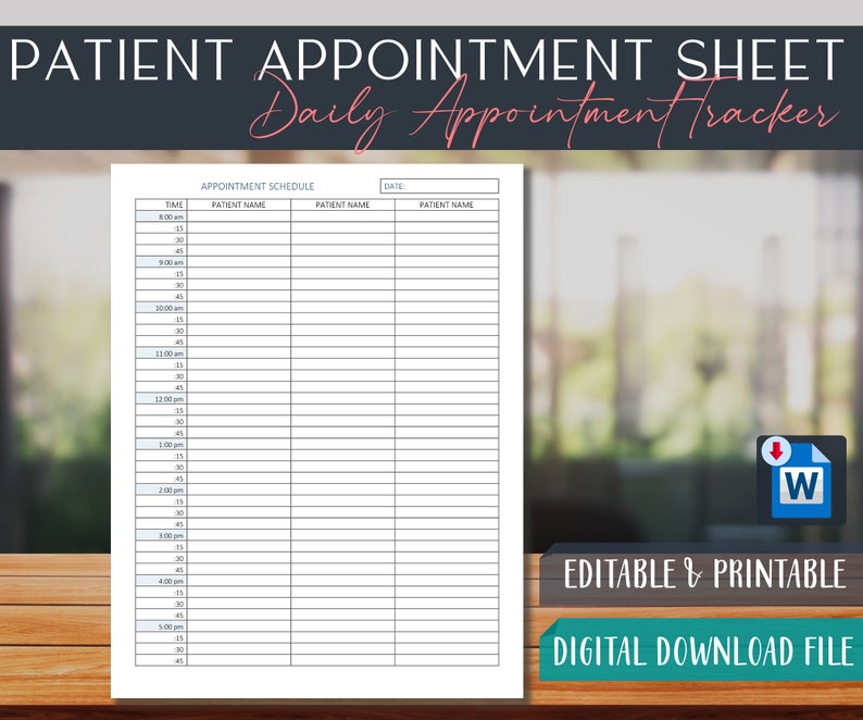 Printable Patient Roster Patient Appointment Sheet: Daily Schedule Tracker (printable Editable ...