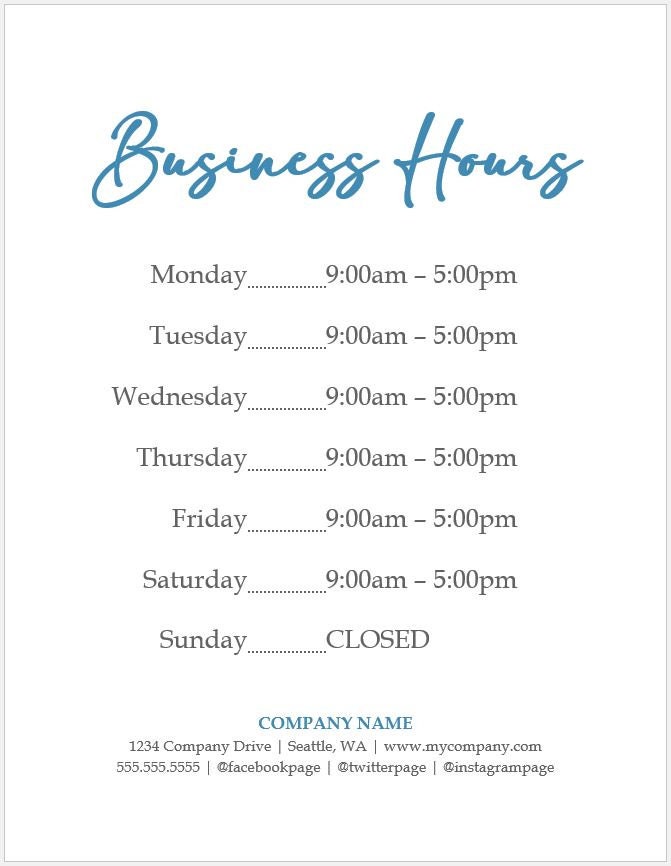 Business Hours Sign Printable Template Hours of Operation Etsy