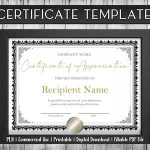 Certificate Template of Appreciation | Achievement | Volunteer | Thank You | Recognition | Fillable PDF | Editable | Printable | 8.5”x11”