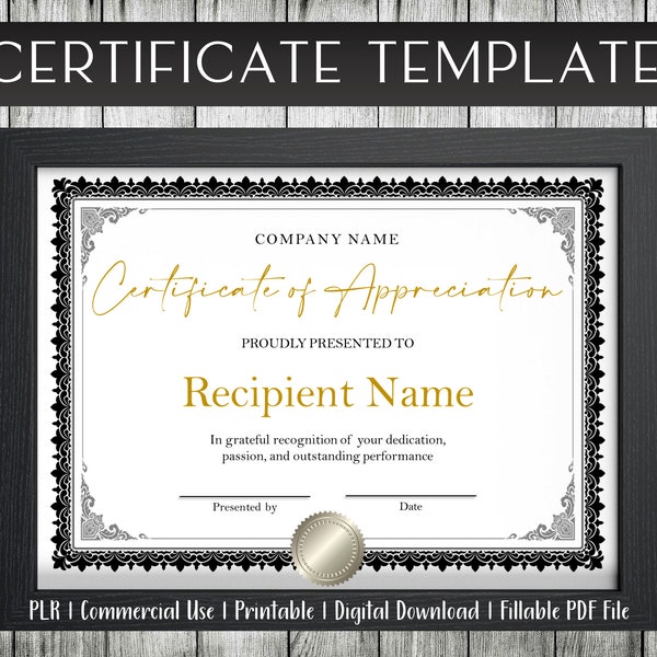 Certificate Template of Appreciation | Achievement | Volunteer | Thank You | Recognition | Fillable PDF | Editable | Printable | 8.5”x11”