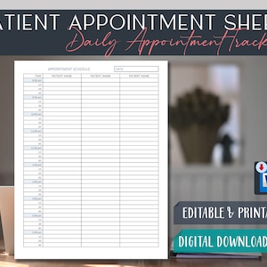 Hoja de citas del paciente / Seguimiento del programa de citas diarias / PDF de Word editable imprimible / 8.5x11 / Formulario de organización de la oficina de atención médica