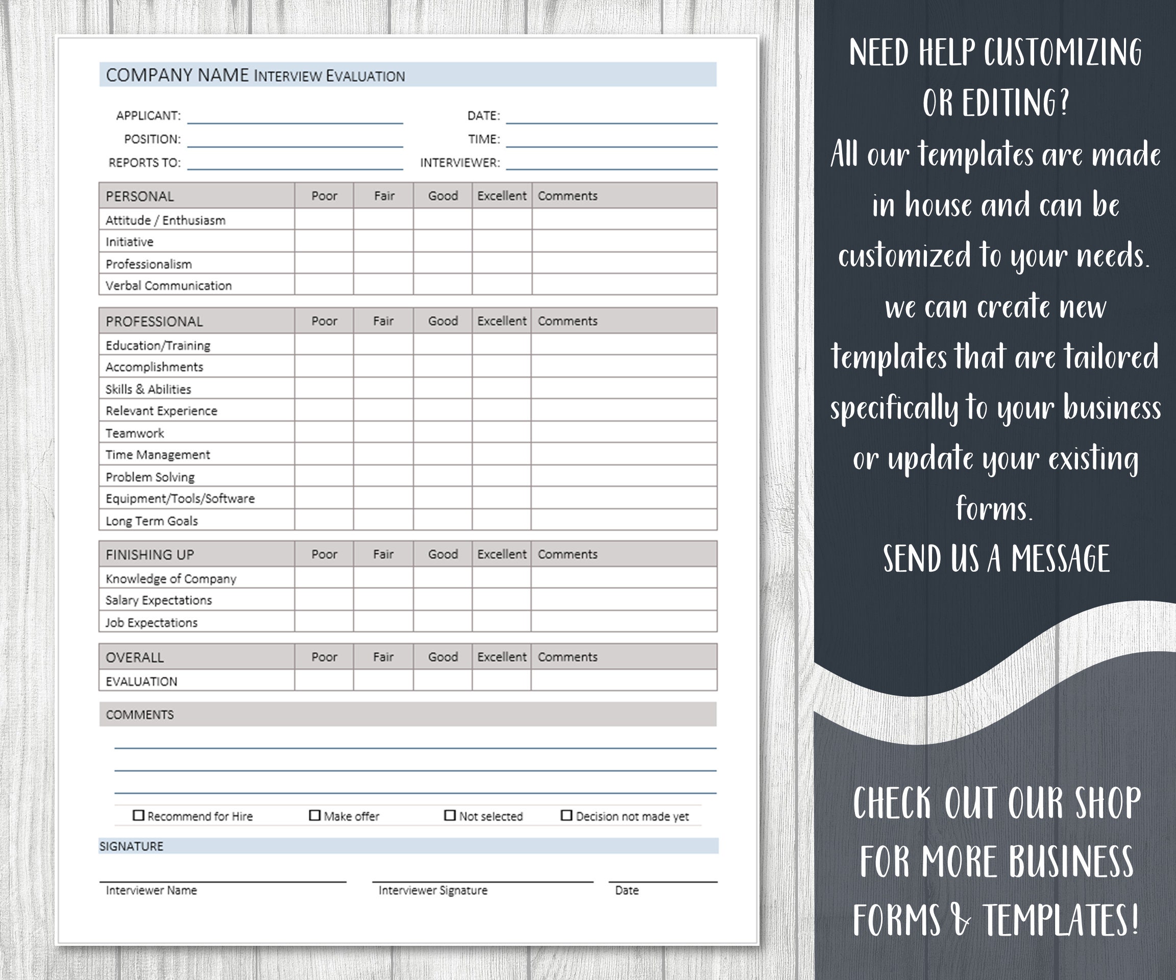 Applicant Interview Evaluation Template: Editable & Printable (digital ...