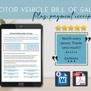Vehicle Bill of Sale Printable Template with Payment Receipts | Editable, Fillable PDF Auto Sale Forms | Receipt for Car Sale Legal Record