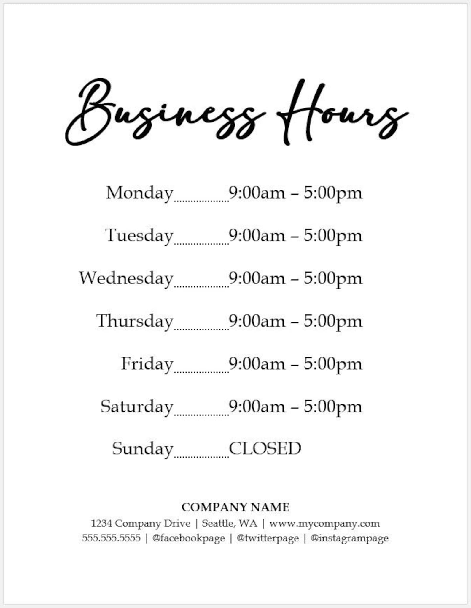 Business Hours Sign Printable Template Hours of Operation Etsy