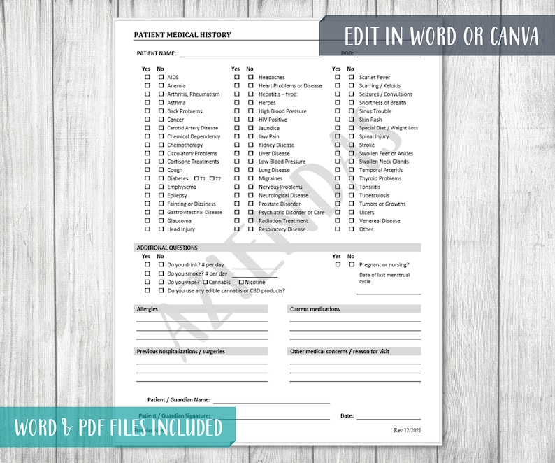 Patient Medical History Template Healthcare Clinic Intake Forms