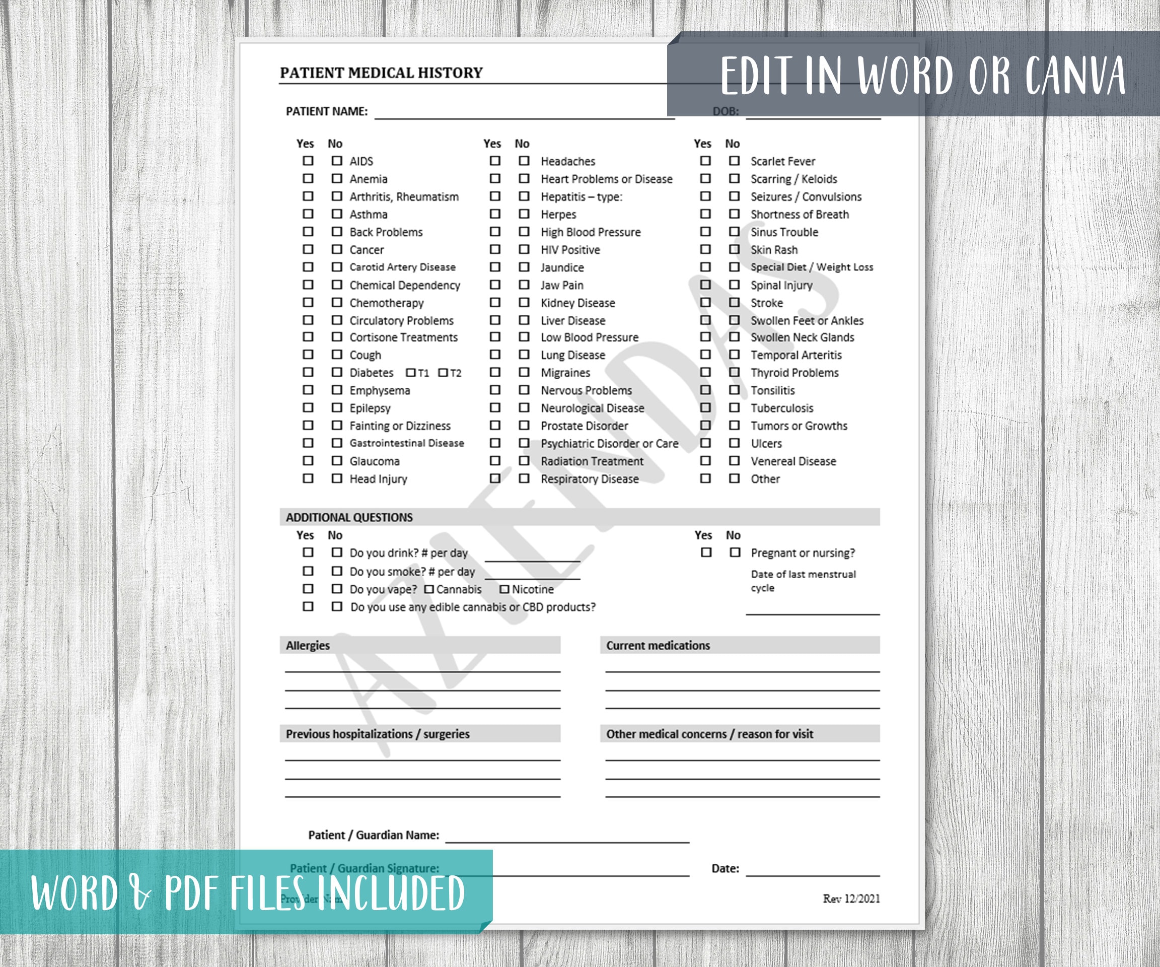 Patient Medical History Template Healthcare Clinic Intake Forms