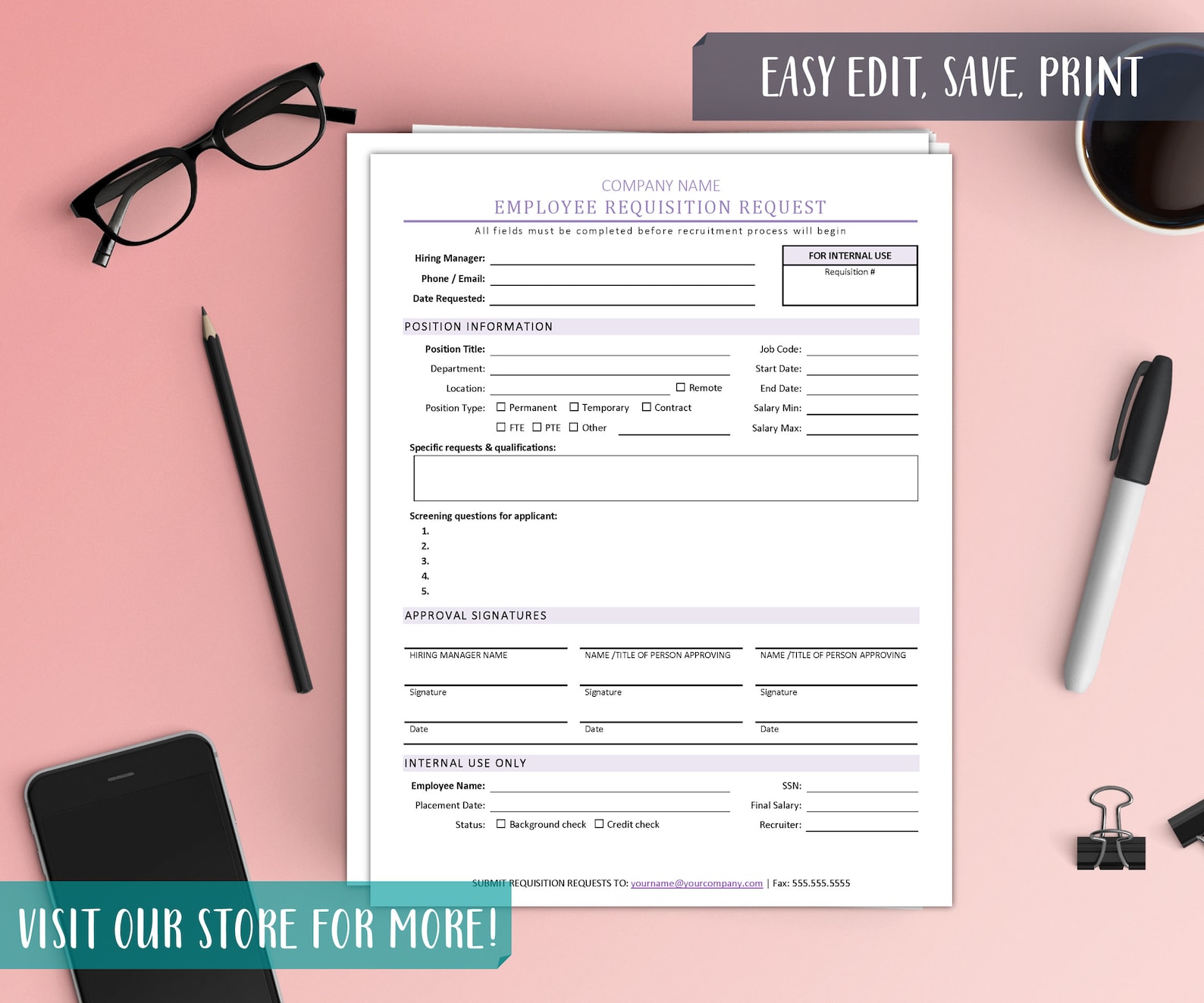 Employee Requisition Form Template: HR Hiring Process (8.5x11 Word, PDF ...
