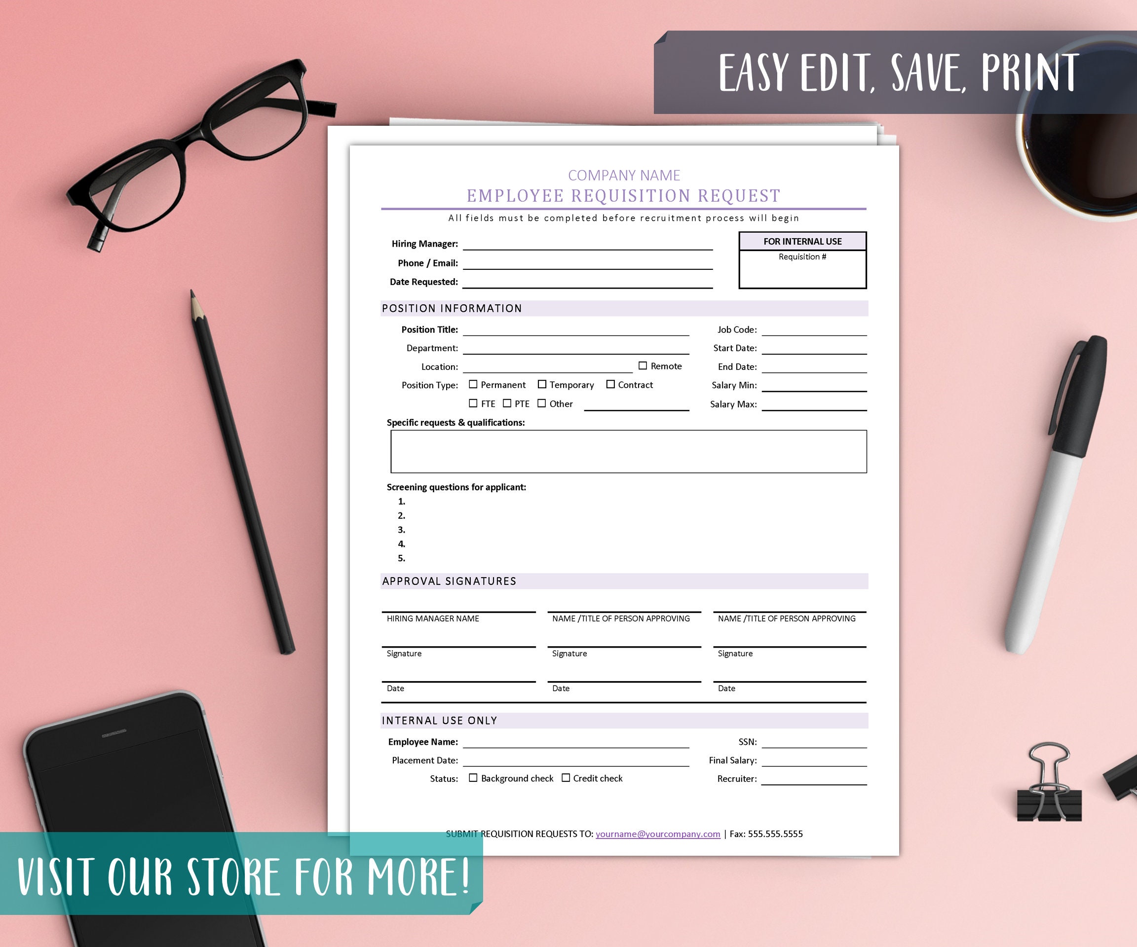 Employee Requisition Form Template: HR Hiring Process (8.5x11 Word, PDF ...