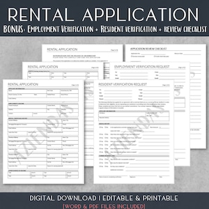 May include: A black and white printable rental application form with sections for applicant information, employment and income, rental and mortgage history, and other sources of income. The form also includes a resident verification request and an employment verification request.