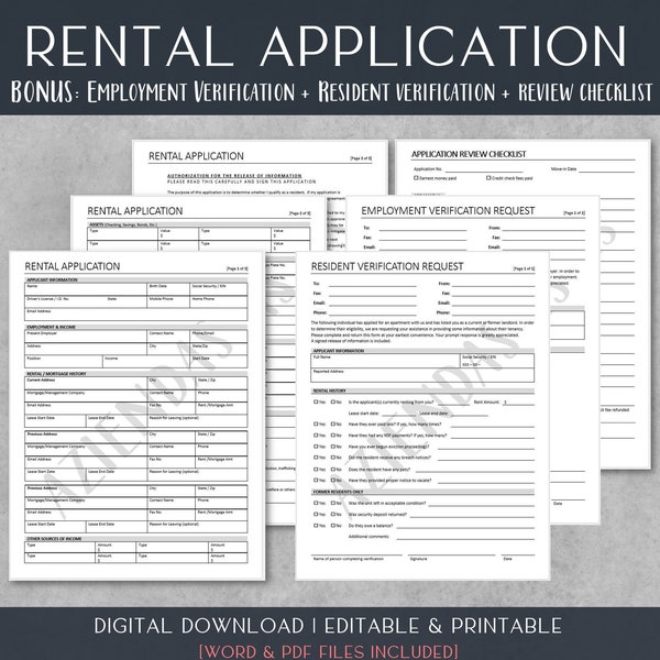 Rental Application Template | Residential Tenant Application | Screening Checklist | Landlord Forms | Instant Download | Word | PDF | 8.5x11