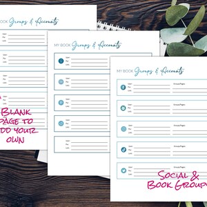 Pu&ograve; includere: Una pagina di pianificatore stampabile con il titolo "I miei gruppi e account di libri". La pagina &egrave; divisa in sezioni per diverse piattaforme di social media, tra cui Facebook, Instagram, Twitter, TikTok e Pinterest. Ogni sezione ha spazio per elencare l'utente, il profilo e il collegamento per ogni account. C'&egrave; anche una pagina vuota per consentire agli utenti di aggiungere i propri account di social media.