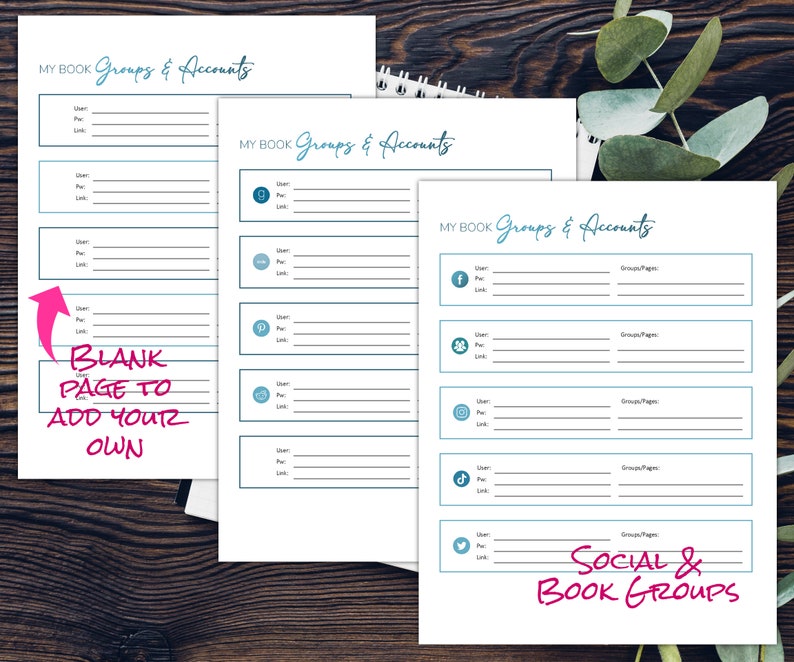 Pu&ograve; includere: Una pagina di pianificatore stampabile con il titolo "I miei gruppi e account di libri". La pagina &egrave; divisa in sezioni per diverse piattaforme di social media, tra cui Facebook, Instagram, Twitter, TikTok e Pinterest. Ogni sezione ha spazio per elencare l'utente, il profilo e il collegamento per ogni account. C'&egrave; anche una pagina vuota per consentire agli utenti di aggiungere i propri account di social media.