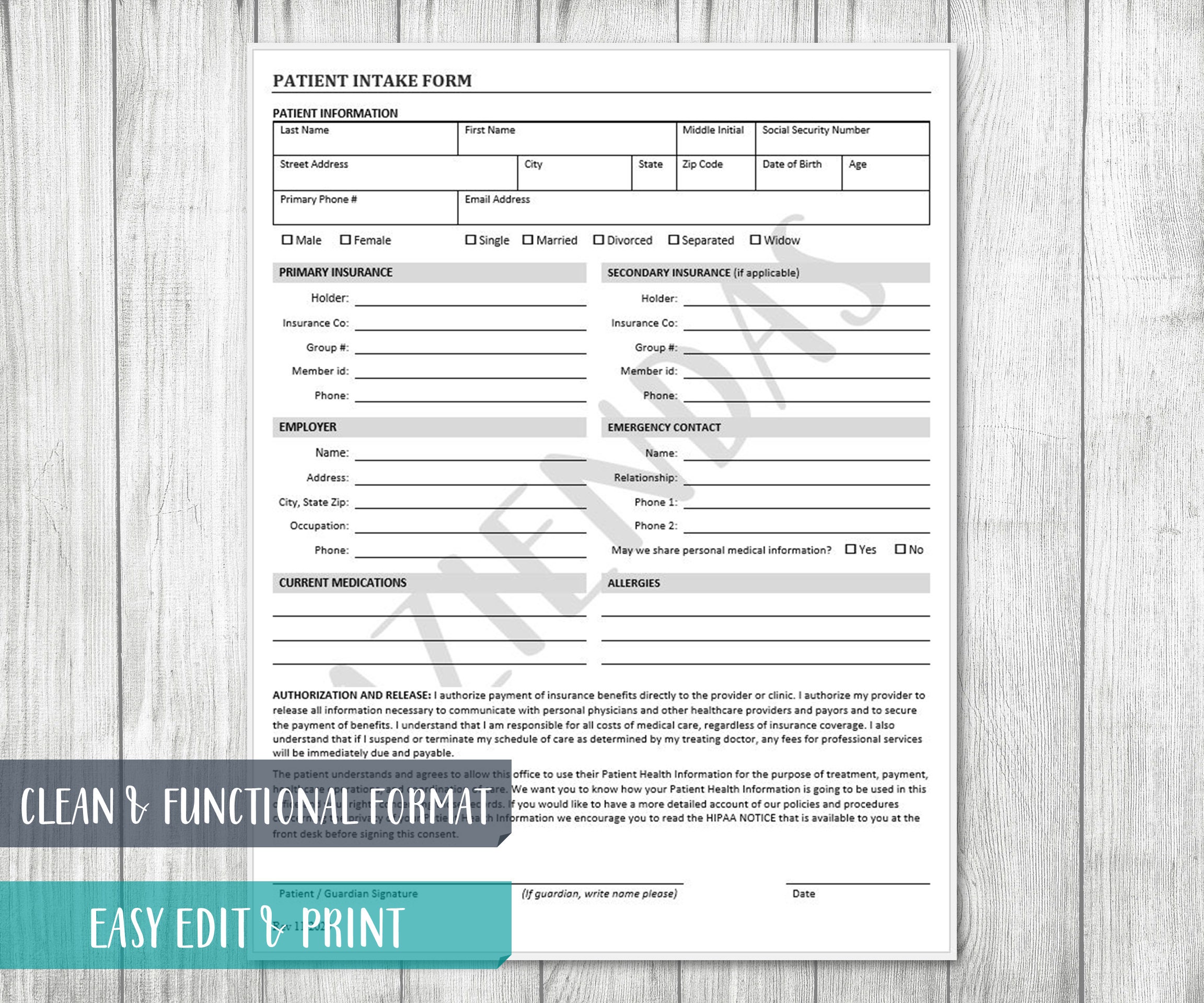 Patient Intake Form Template: Clinic Healthcare (PDF & Word) - Etsy