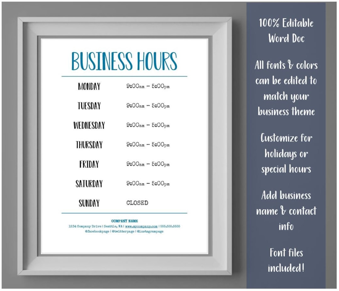 Business Hours Sign Printable Template Hours of Operation - Etsy