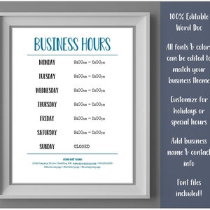 Business Hours Sign Editable Printable Template | Store Hours | Hours of Operation | Holiday | Shop Hours | WORD Instant Download | 8.5x11