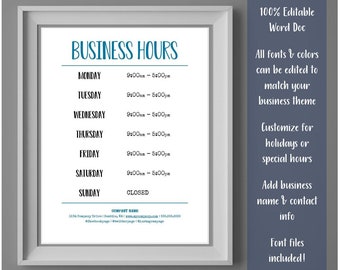 Business Hours Sign Editable Printable Template | Store Hours | Hours of Operation | Holiday | Shop Hours | WORD Instant Download | 8.5x11