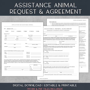 Solicitud y acuerdo de asistencia para animales/Inquilinos Apoyo emocional para mascotas/Formularios para inquilinos y propietarios/Word/PDF/Carta 8.5x11