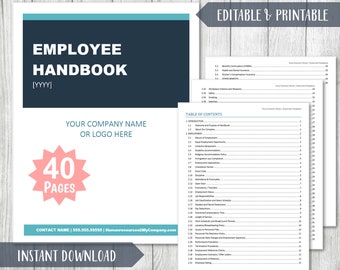 May include: Editable and printable employee handbook template with a blue and teal color scheme. The cover features the text "EMPLOYEE HANDBOOK [YYYY]" and a pink starburst with the text "40 PAGES". The table of contents lists various topics, including introduction, benefits, employment, and more.