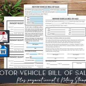 Vehicle Bill of Sale Notary Printable Template with Payment Receipts | Editable, Fillable PDF Auto Sale Forms | Receipt for Car Sale Legal