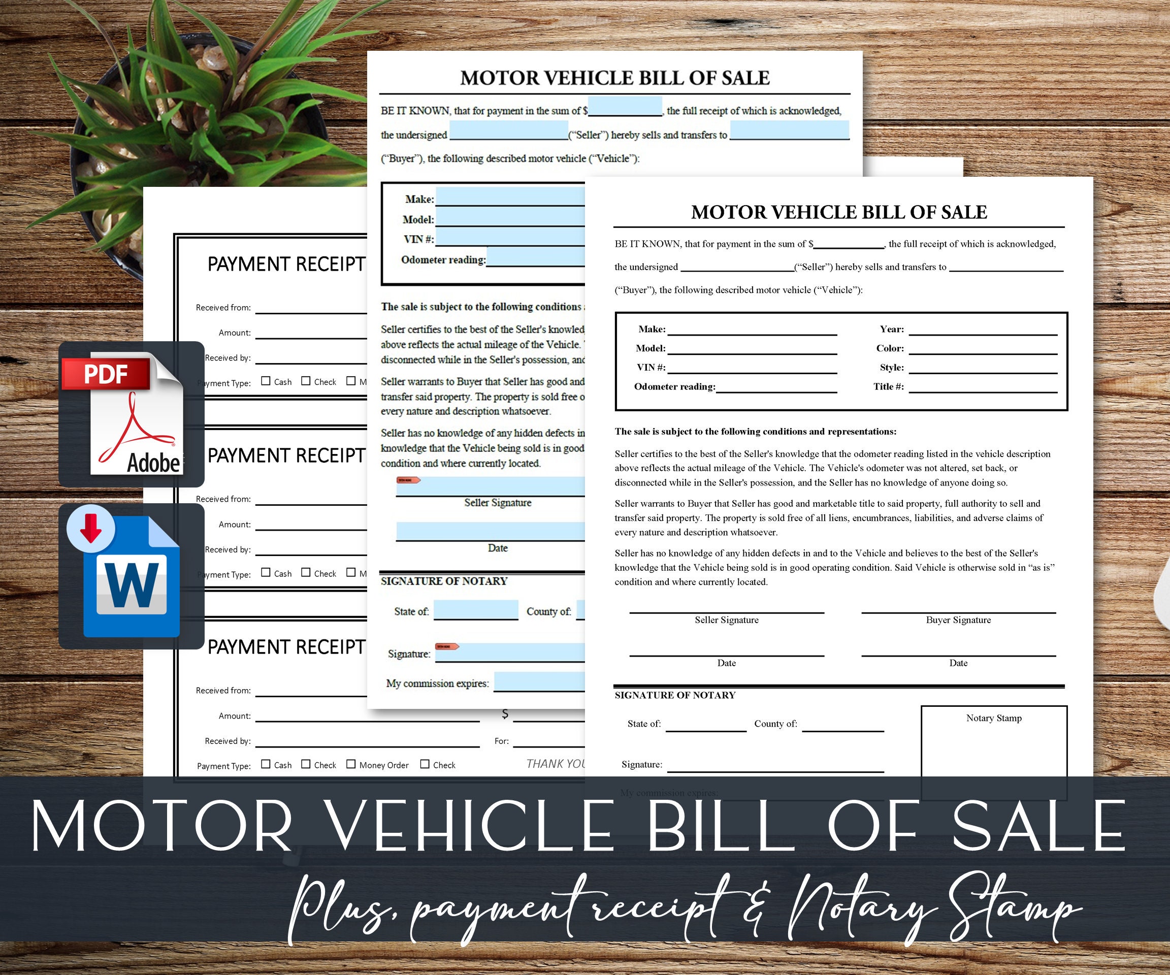 Vehicle Bill of Sale Notary Printable Template With Payment Receipts ...