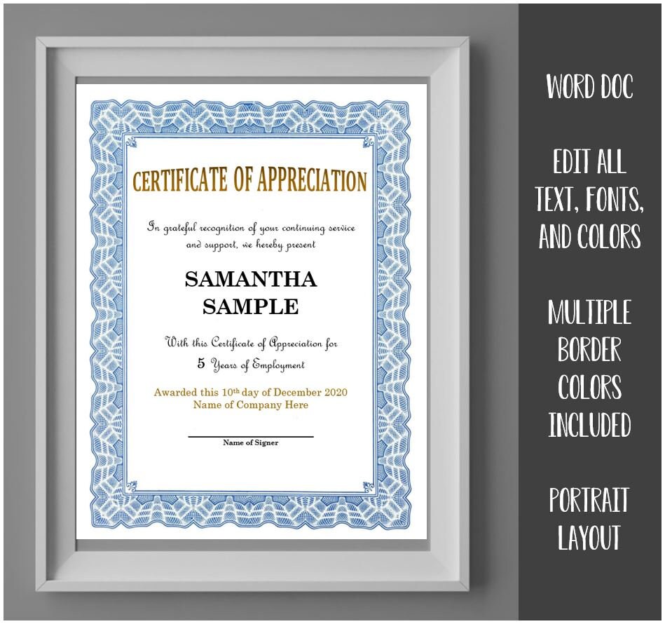 Certificado De Apreciación Editable And Plantilla Imprimible Etsy