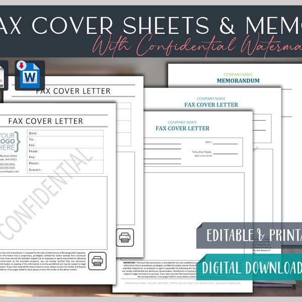 Fax Cover Sheet Templates | Confidential Fax Transmission | Facsimile | Fax Cover Letter | Memorandum | Instant Download | Editable | 8.5x11