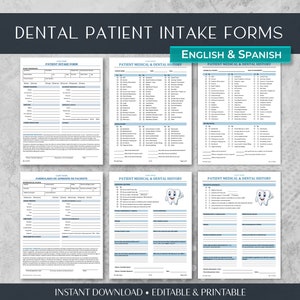 Könnte beinhalten: Ein Satz druckbarer Aufnahmeformulare für zahnärztliche Patienten in Englisch und Spanisch. Die Formulare enthalten Abschnitte für Patienteninformationen, Krankengeschichte und Zahngeschichte. Die Formulare sind für die Verwendung durch Zahnärzte und andere zahnmedizinische Fachkräfte konzipiert.