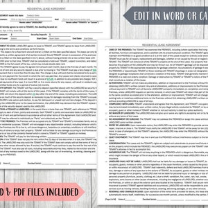 May include: A printable residential lease agreement form with sections for landlord and tenant information, rent amount, security deposit, start and end dates, and terms of the lease. The form includes sections for care of the premises, alterations, compliance with laws, no waiver by landlord, no assignment or sublease, entry by landlord, quiet enjoyment, and subordination.