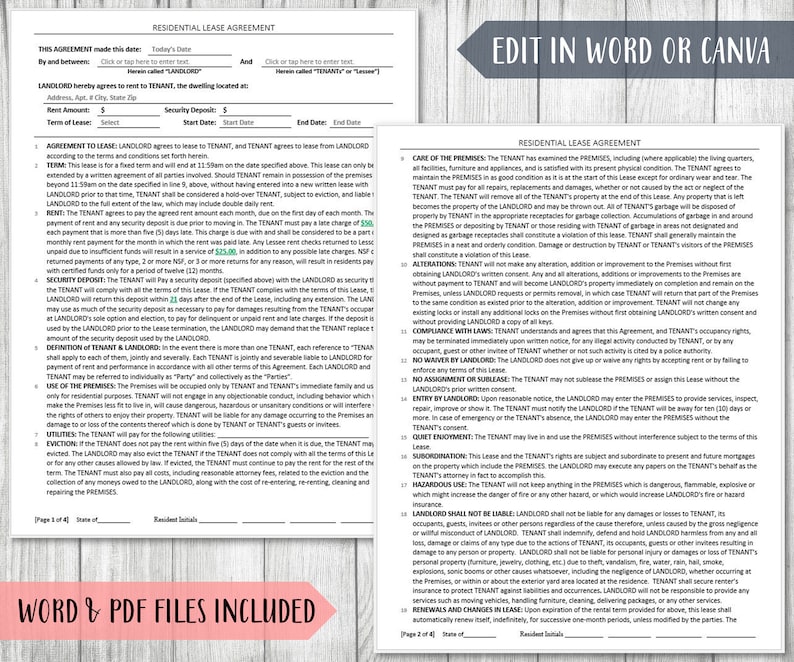 May include: A printable residential lease agreement form with sections for landlord and tenant information, rent amount, security deposit, start and end dates, and terms of the lease. The form includes sections for care of the premises, alterations, compliance with laws, no waiver by landlord, no assignment or sublease, entry by landlord, quiet enjoyment, and subordination.