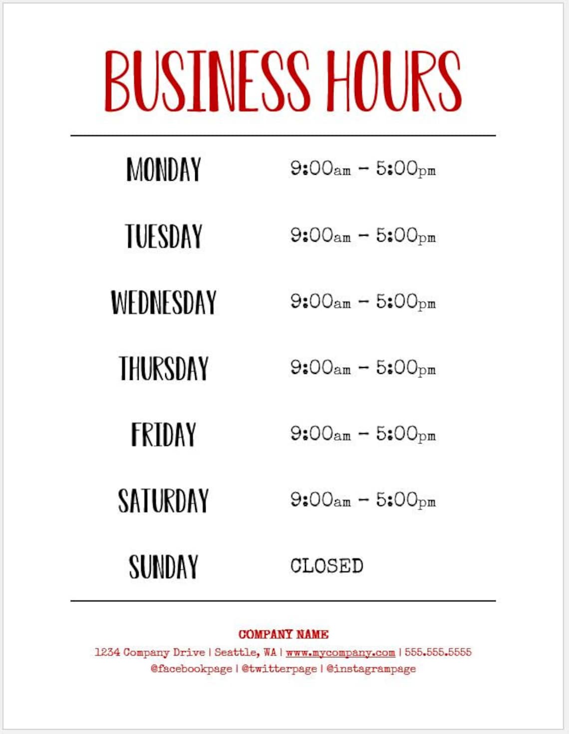 Business Hours Sign Printable Template Hours of Operation
