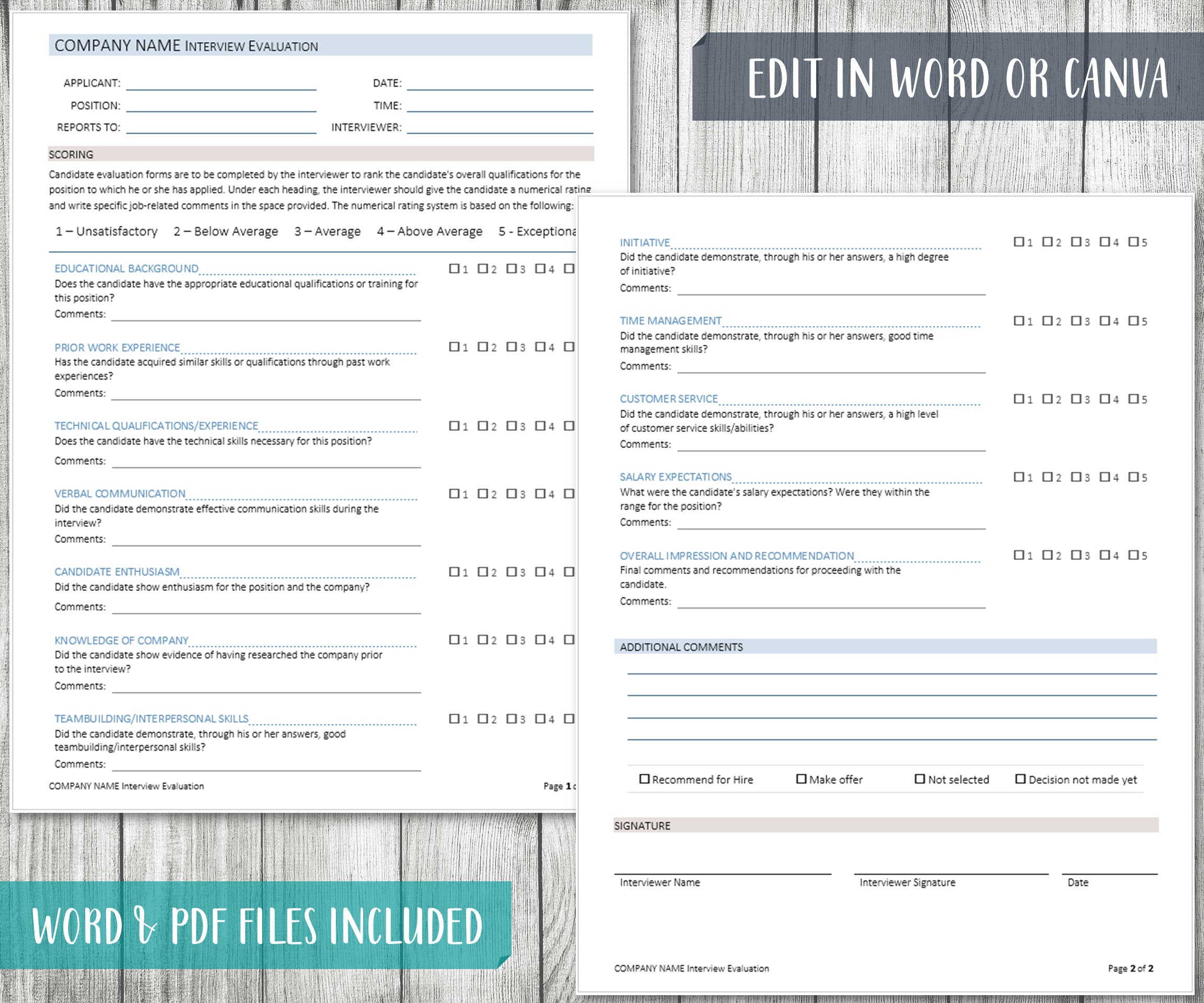 Applicant Interview Evaluation Template: Editable & Printable (digital ...