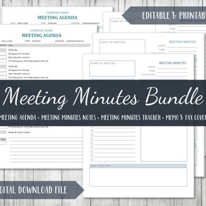 May include: A printable meeting minutes bundle includes a meeting agenda, meeting minutes notes, a meeting minutes tracker, a memo, and a fax cover. The bundle is a digital download file.