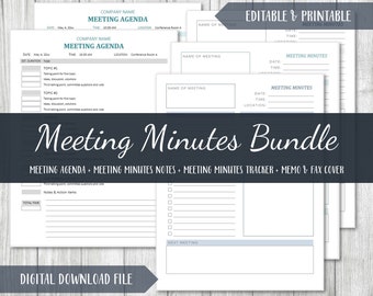 May include: A printable meeting minutes bundle includes a meeting agenda, meeting minutes notes, a meeting minutes tracker, a memo, and a fax cover. The bundle is a digital download file.