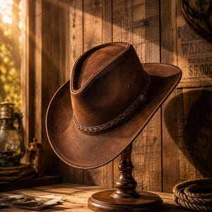 May include: A brown leather cowboy hat featuring a braided leather hatband with a small metal emblem. The hat has a pinched crown and a wide, curved brim with visible stitching along the edge, displayed on a wooden stand.