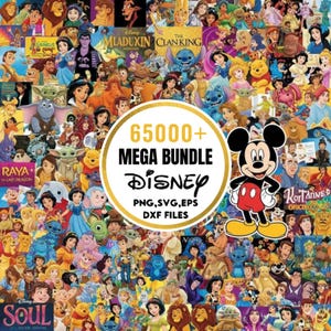 May include: A digital collage of numerous animated characters featuring a central white circle with gold trim containing the text 65000+ MEGA BUNDLE DISNEY PNG, SVG, EPS DXF FILES and a full-colour illustration of Mickey Mouse standing on the right.