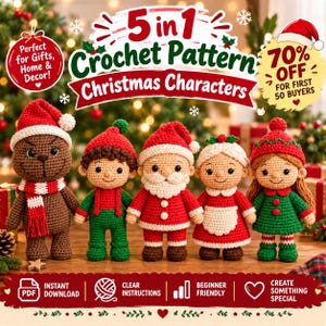 Könnte beinhalten: Ein 5-in-1-Häkelmuster-Set mit fünf Weihnachtsfiguren: ein brauner Bär, ein Elf, der Weihnachtsmann, Frau Weihnachtsmann und ein Mädchen-Elf. Jede Puppe trägt festliche Kleidung und Mützen. Das Bild enthält den Text: 5 in 1 Crochet Pattern Christmas Characters.