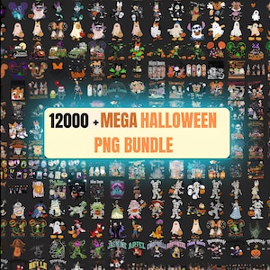 May include: A digital collection of over 12000 Halloween-themed graphic designs featuring various cartoon characters in costumes, pumpkins, and spooky motifs, presented as a large collage with the text 12000 + MEGA HALLOWEEN PNG BUNDLE.