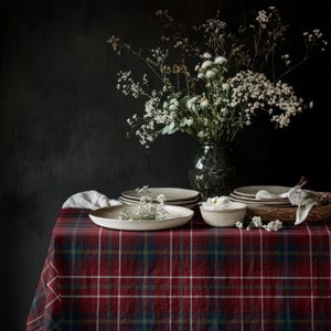 May include: A red, blue, and green plaid tablecloth featuring a stack of off-white ceramic plates, a small matching bowl, and a dark glass vase filled with dried white flowers. A white linen napkin rests beside the plates on the table.